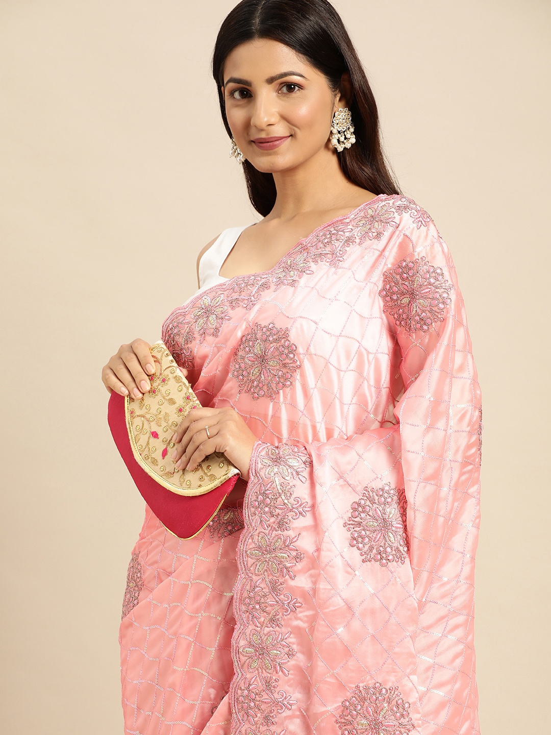 

Pothys Floral Sequinned Embroidered Pure Chiffon Saree, Pink