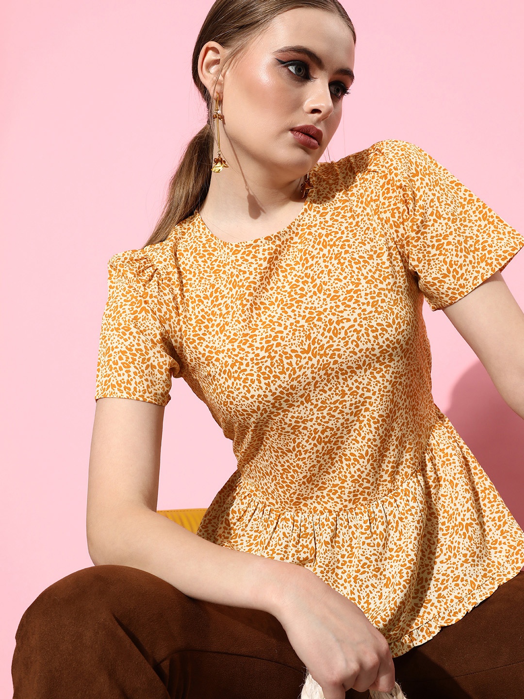 

ANI Yellow & White Animal Print Crepe Puff Sleeves Peplum Top