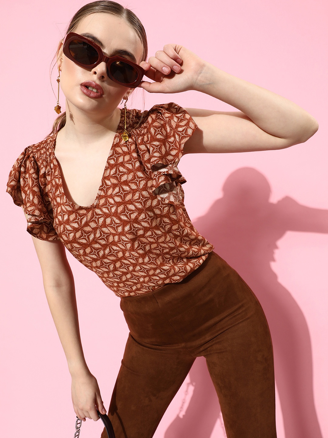 

ANI Brown Geometric Print Flutter Sleeves Crepe Top