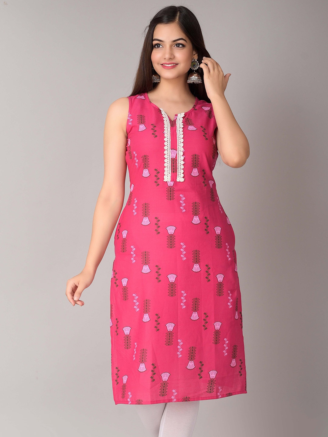 

METRO-FASHION Floral Printed Straight Cotton Kurta, Pink