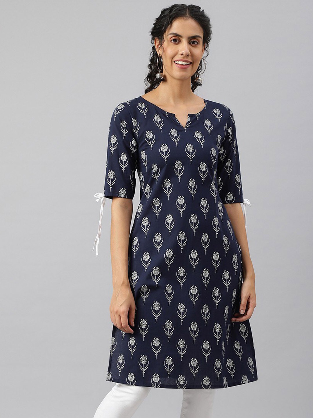 

METRO-FASHION Women Ethnic Motifs Printed Cotton Kurta, Navy blue