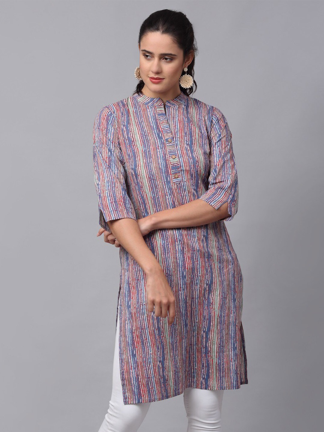 

METRO-FASHION Striped Pure Cotton Kurti, Red
