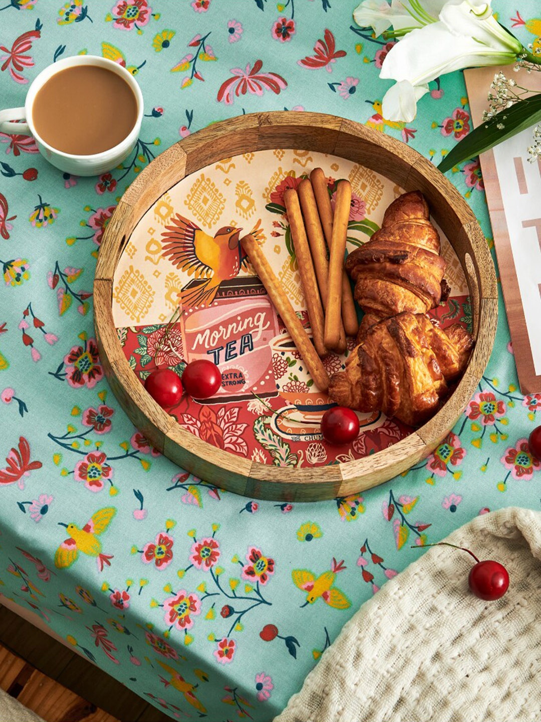 

Chumbak Brown & Pink Printed Good-Old Tea Palampore Tray