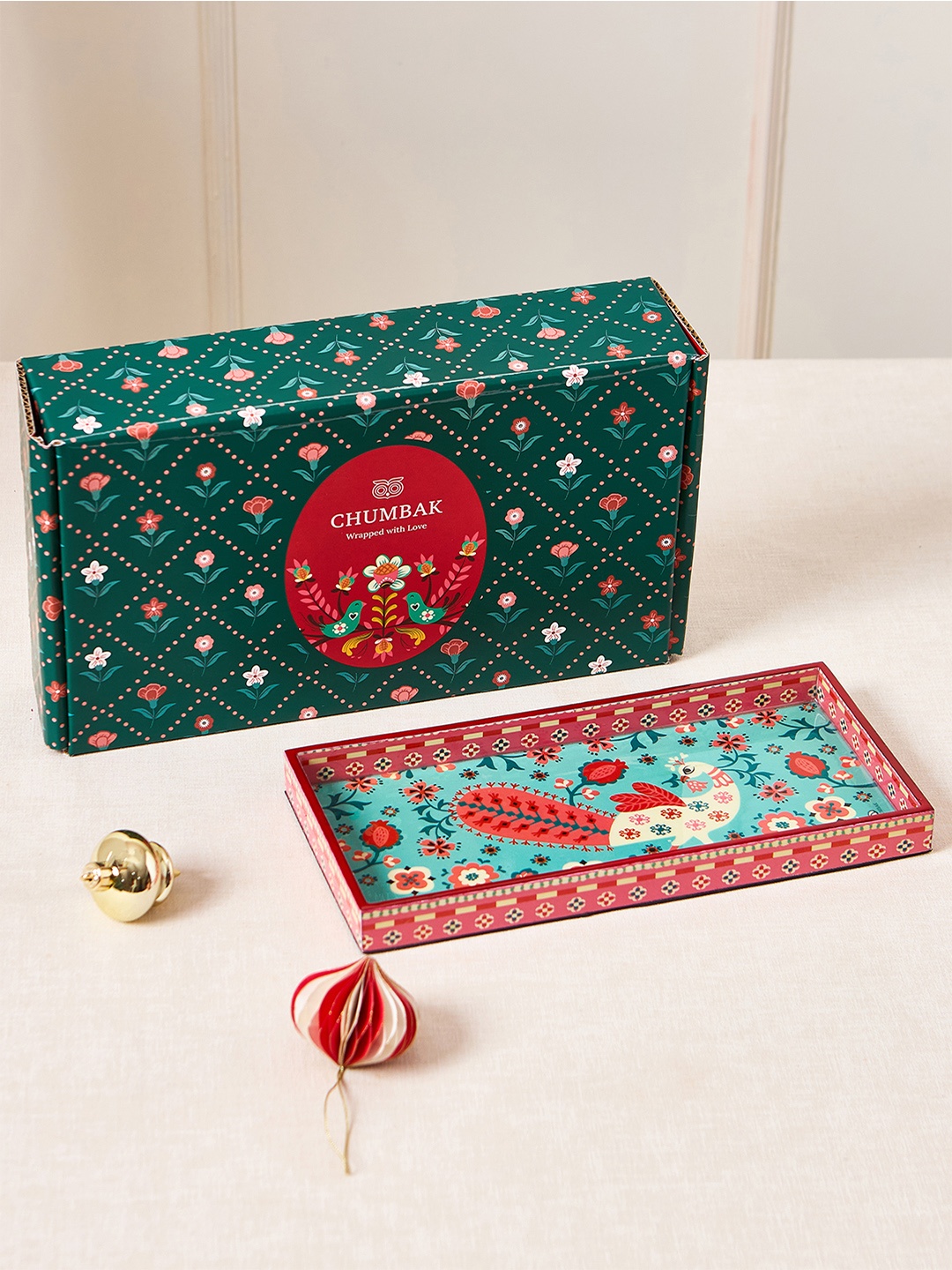 

Chumbak Jaipur Gardens Kasuti Motif Printed Wooden Tray, Teal