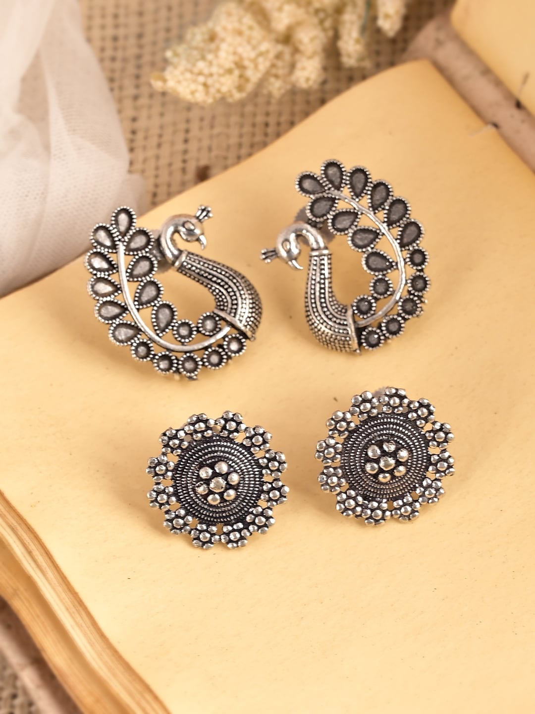 

AQUASTREET JEWELS Pack Of 2 Peacock Shaped Studs Earrings, Silver