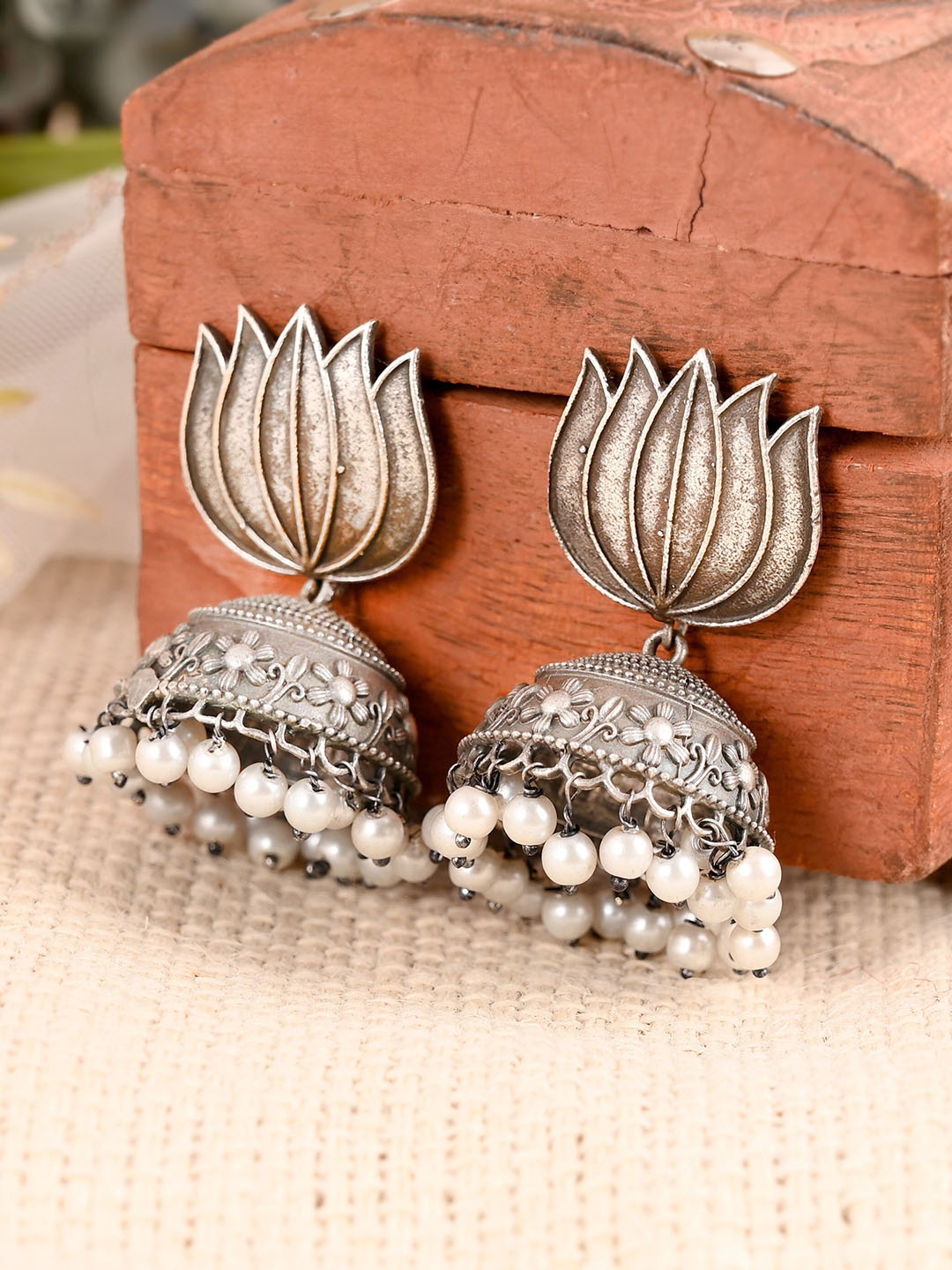 

AQUASTREET JEWELS Silver-Toned Floral Jhumkas Earrings