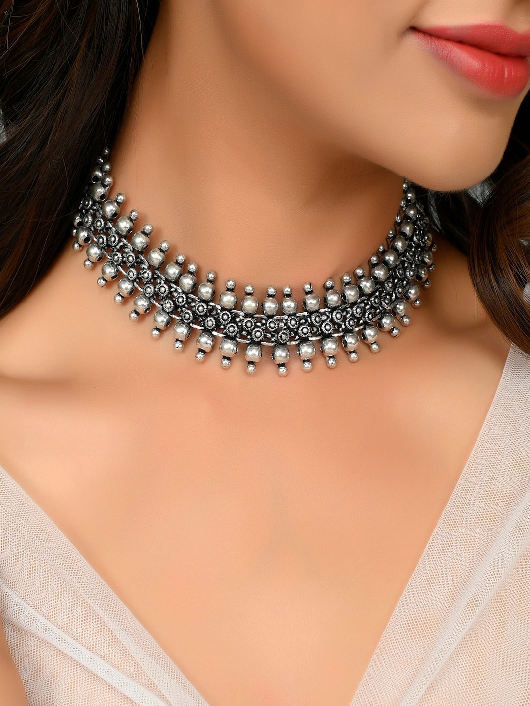

AQUASTREET JEWELS Brass Silver-Plated Oxidised Necklace