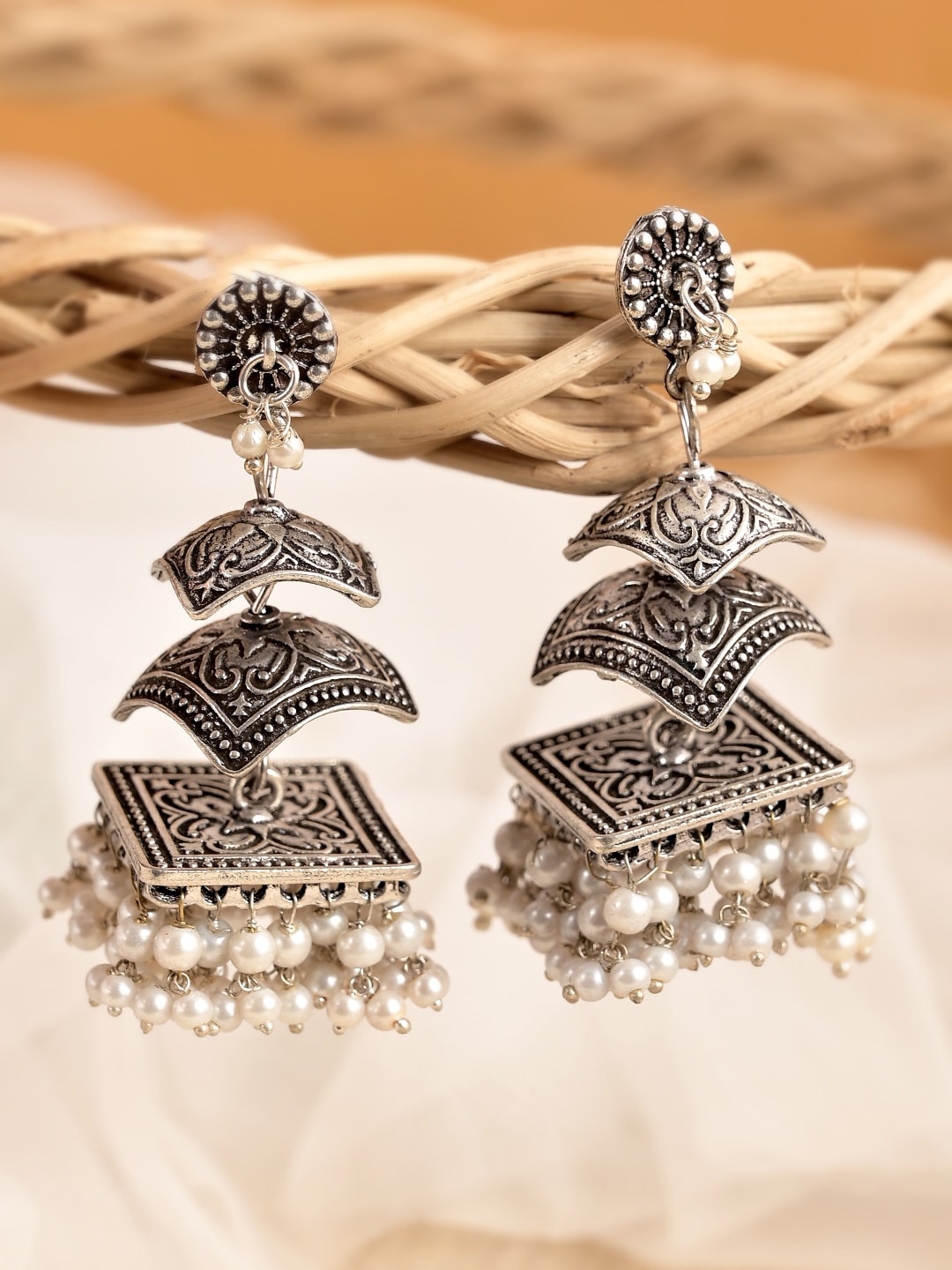 

AQUASTREET JEWELS Silver-Toned Geometric Jhumkas Earrings