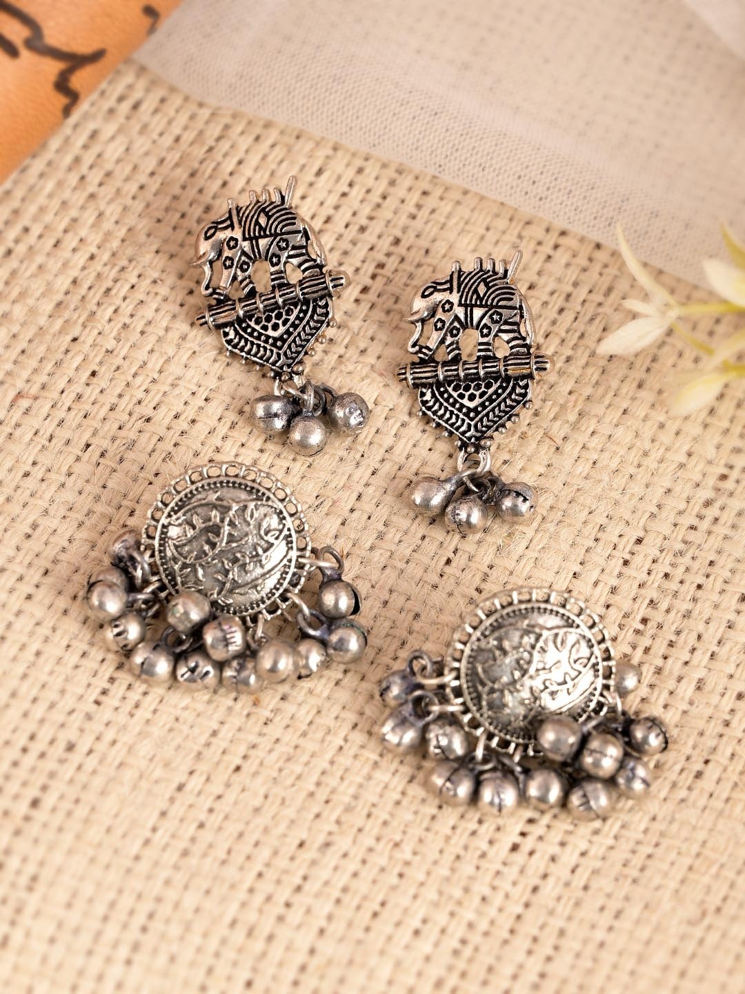 

AQUASTREET JEWELS Silver-Toned Set of 2 Geometric Jhumkas Earrings