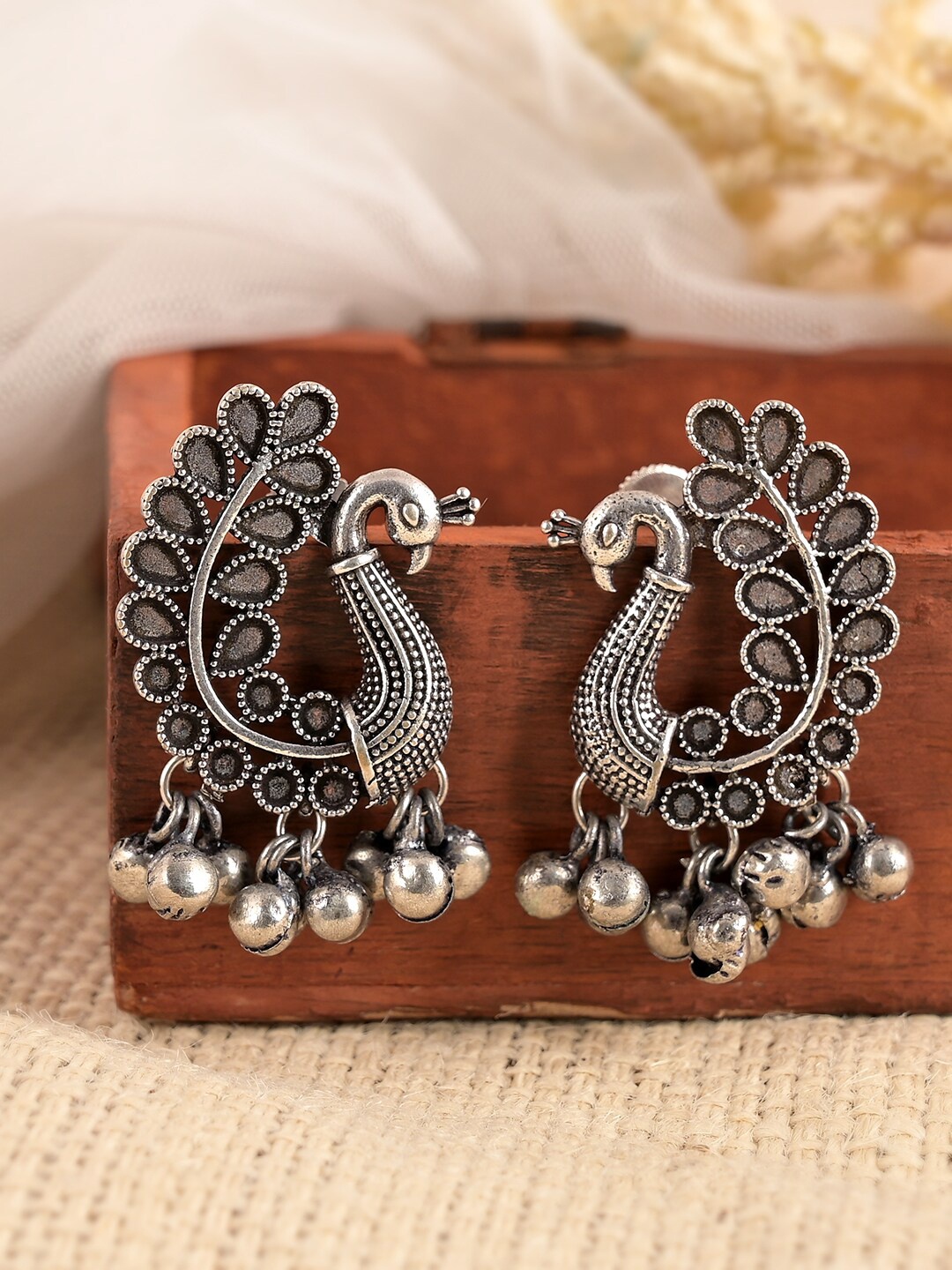 

AQUASTREET JEWELS Silver Plated Peacock Shaped Drop Earrings