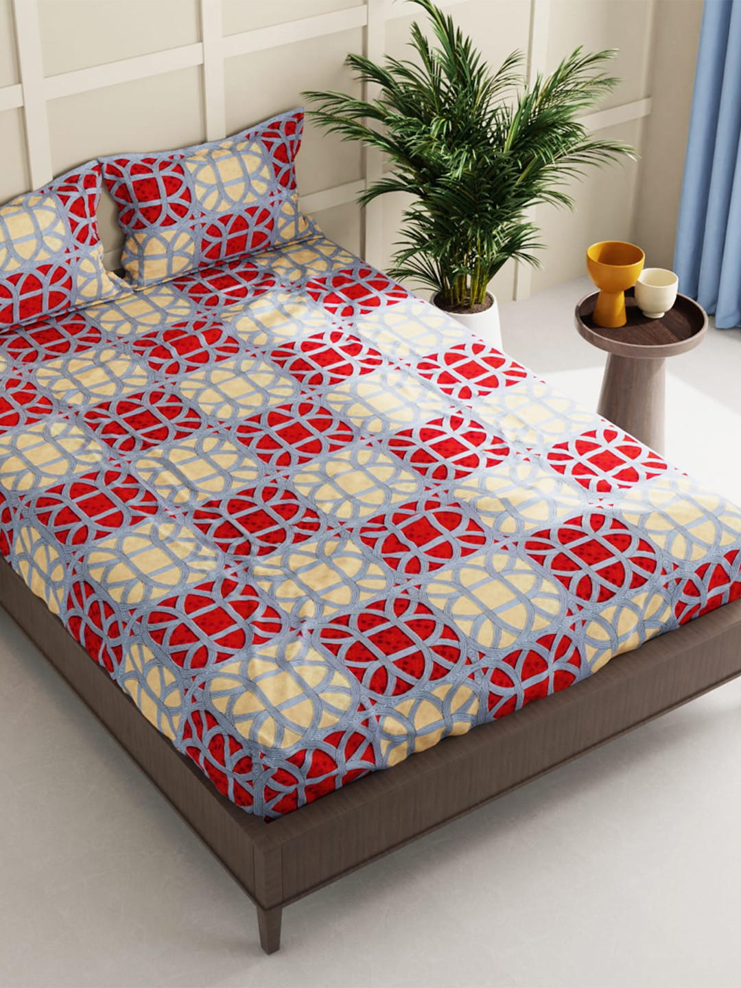 

BIANCA Grey & Red Geometric 152 TC Queen Bedsheet with 2 Pillow Covers