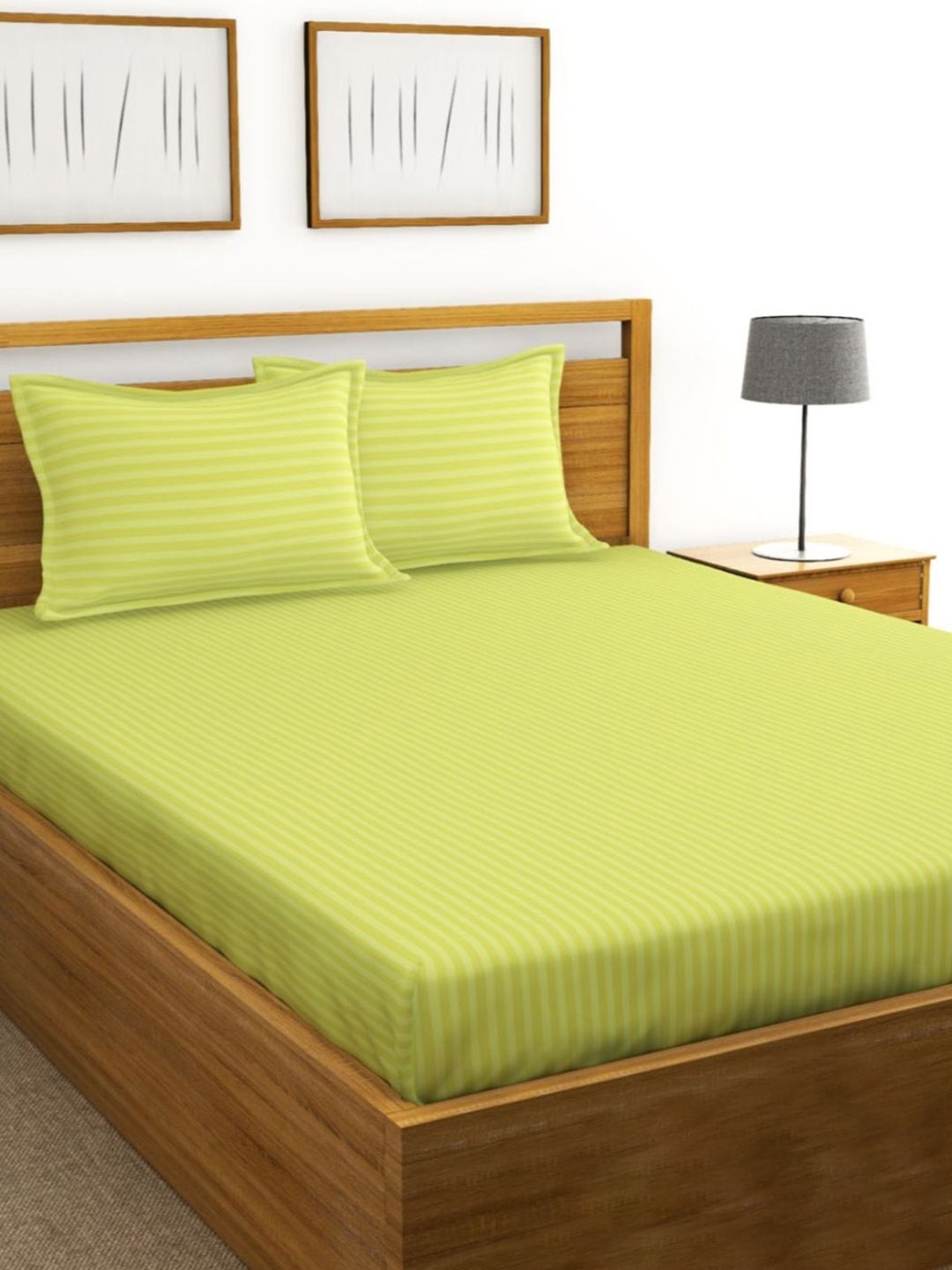 

BIANCA Lime Green Striped 210 TC King Bedsheet with 2 Pillow Covers