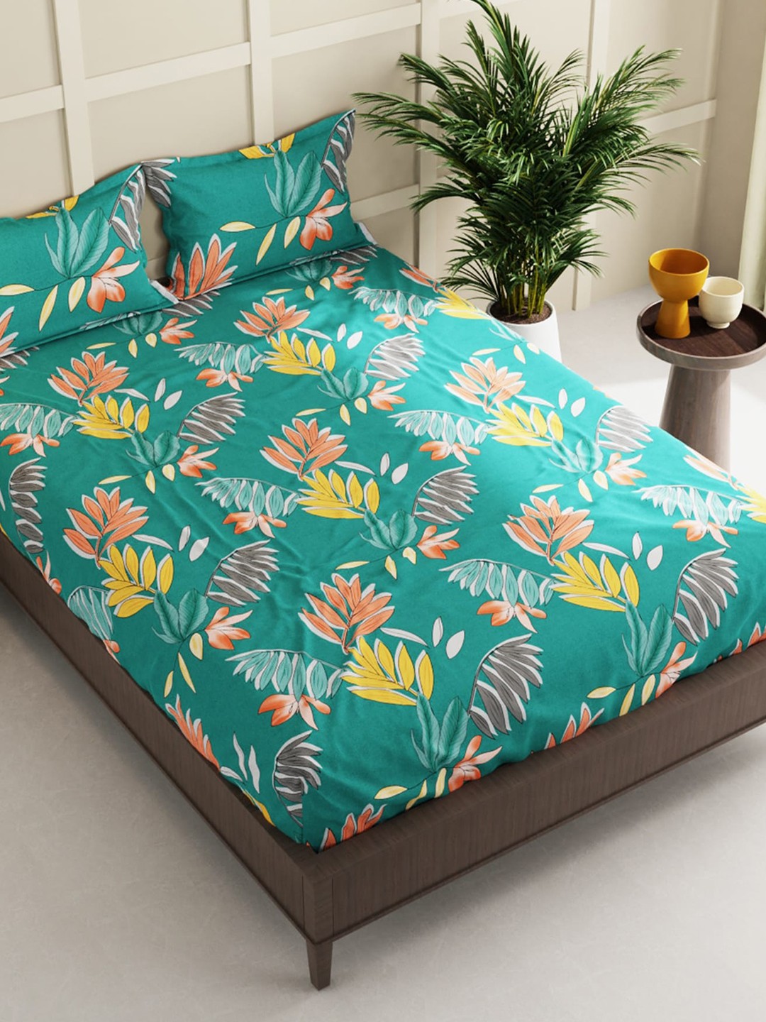 

BIANCA Green & Yellow Floral 152 TC Queen Bedsheet with 2 Pillow Covers & 2 Pillows