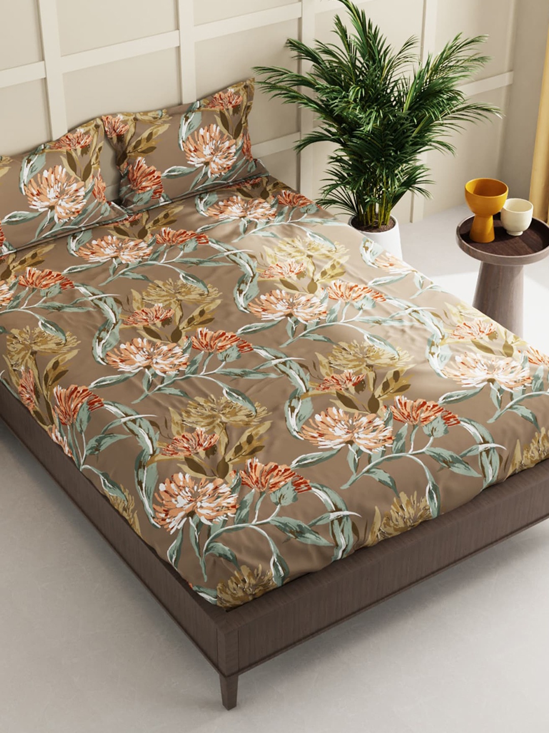 

BIANCA Tan & Green Floral 152 TC Queen Bedsheet with 2 Pillow Covers & 2 Pillows