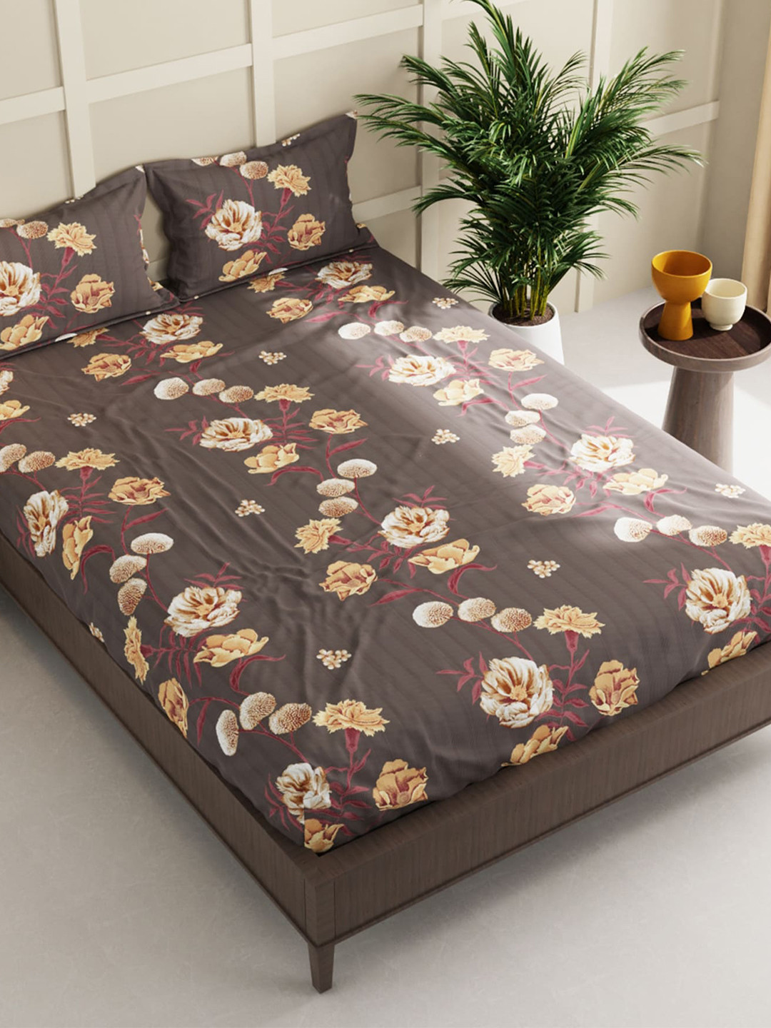 

BIANCA Coffee Brown & Red Floral 152 TC Queen Bedsheet with 2 Pillow Covers & 2 Pillows