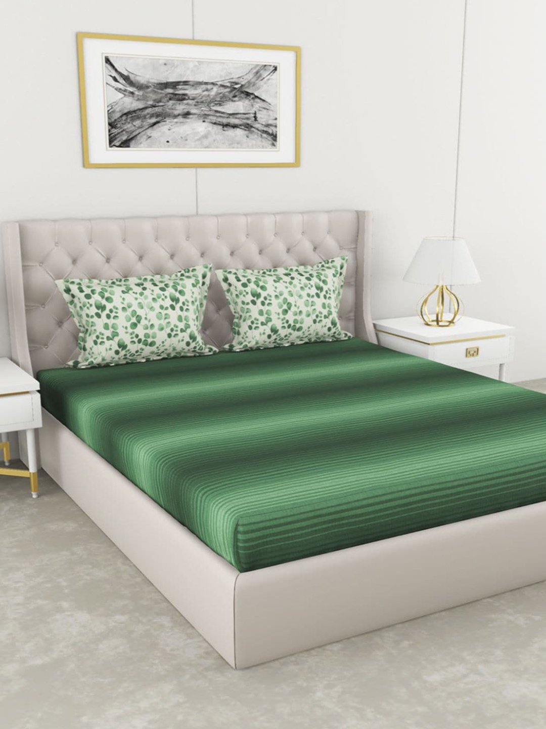 

BIANCA Green Striped 210 TC Cotton King Bedsheet with 2 Pillow Covers & 2 Pillows