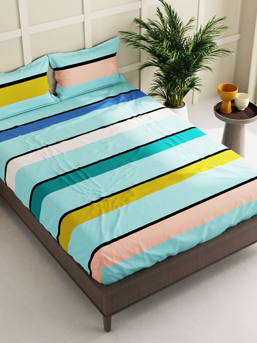 

BIANCA Green & Blue Striped 152 TC Queen Bedsheet with 2 Pillow Covers