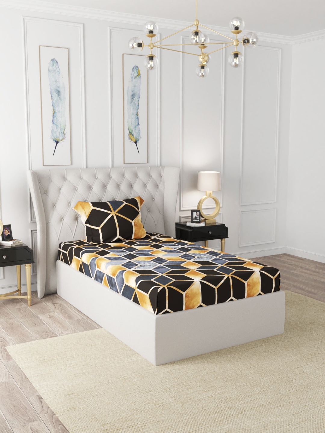 

BIANCA Black & Gold-Toned 200 TC Single Bedsheet with 1 Pillow Covers