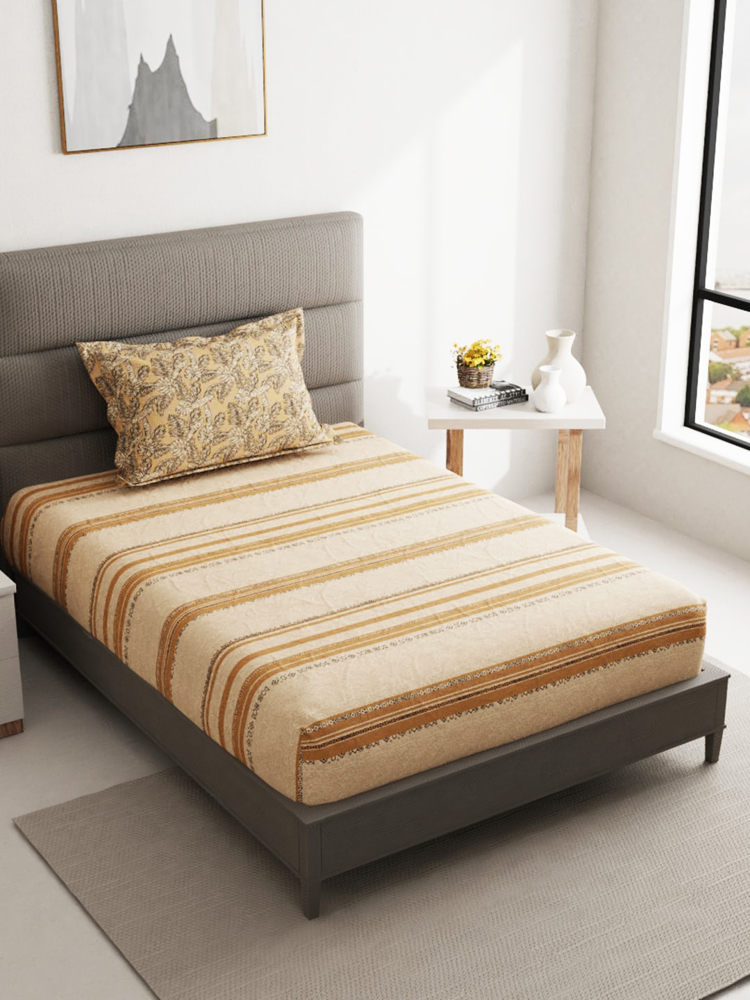 

BIANCA Beige & Black Striped 144 TC Cotton Single Bedsheet with 1 Pillow Cover & 1 Pillow