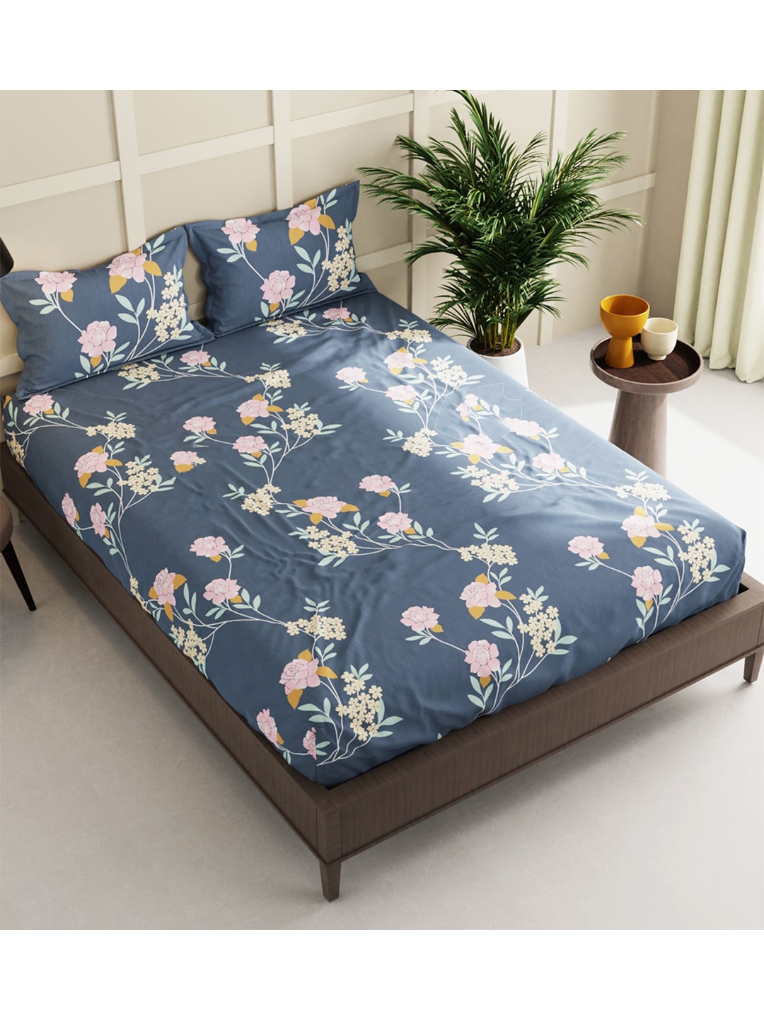 

KOPA Grey & Pink Floral 152 TC Queen Bedsheet with 2 Pillow Covers