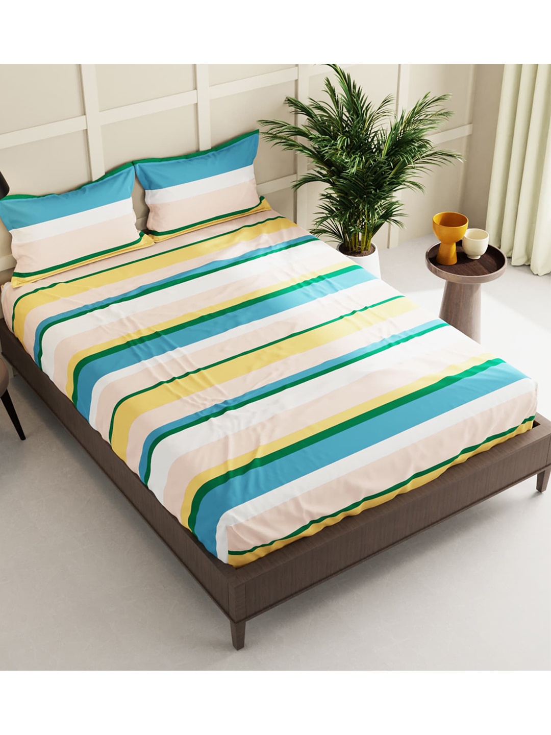 

BIANCA Pink & Yellow Striped 152 TC Queen Bedsheet with 2 Pillow Covers