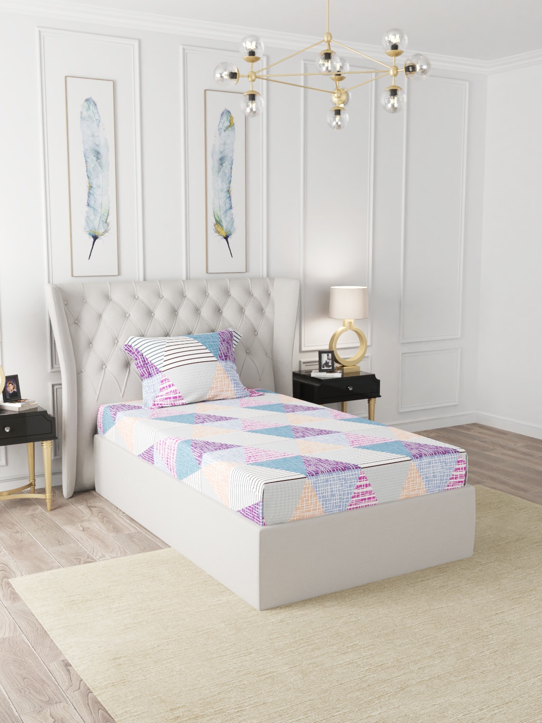 

BIANCA White & Purple Geometric 200 TC Single Bedsheet with 1 Pillow Covers