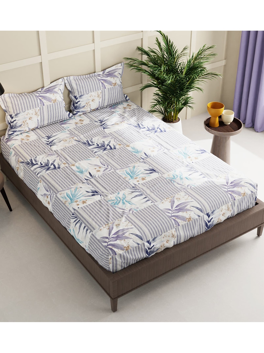 

KOPA White & Violet Striped 152 TC Queen Bedsheet with 2 Pillow Covers & 2 Pillows