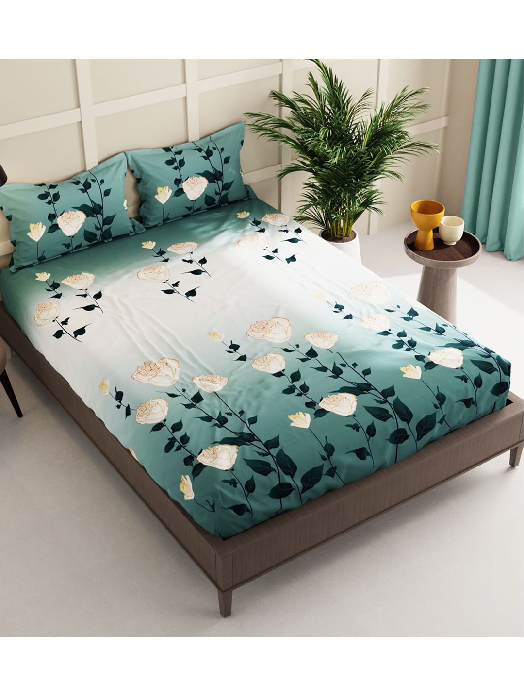

BIANCA Green & White Floral 152 TC Queen Bedsheet with 2 Pillow Covers & 2 Pillows