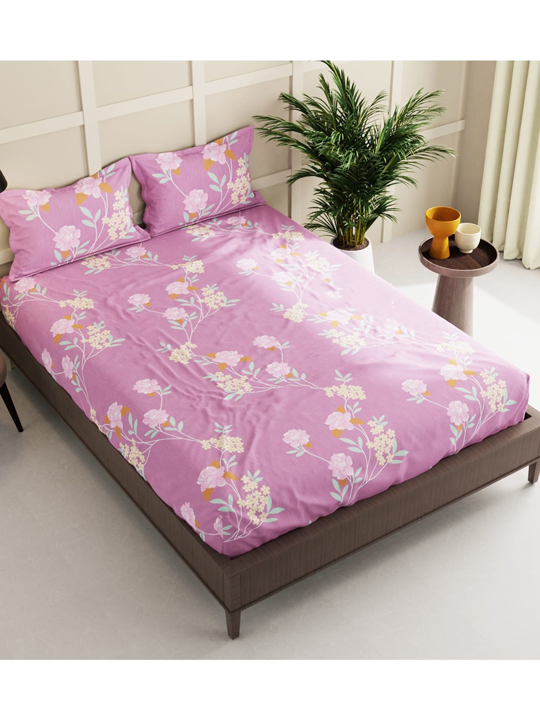 

KOPA Pink & Blue Floral 152 TC Queen Bedsheet with 2 Pillow Covers & 2 Pillows