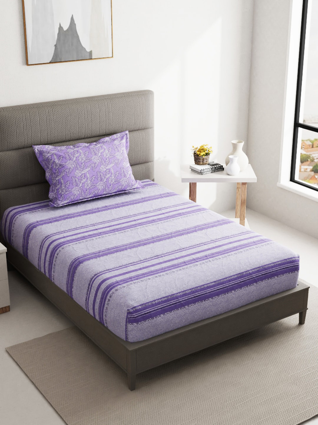 

BIANCA Purple & White Striped 144 TC Cotton Single Bedsheet with 1 Pillow Covers