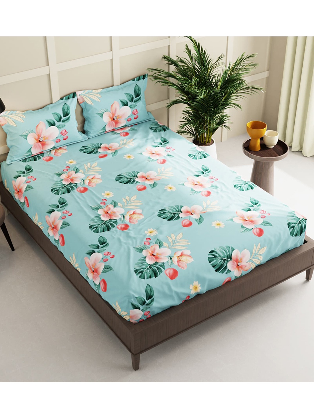 

BIANCA Turquoise Blue & Pink Floral 152 TC Queen Bedsheet with 2 Pillow Covers