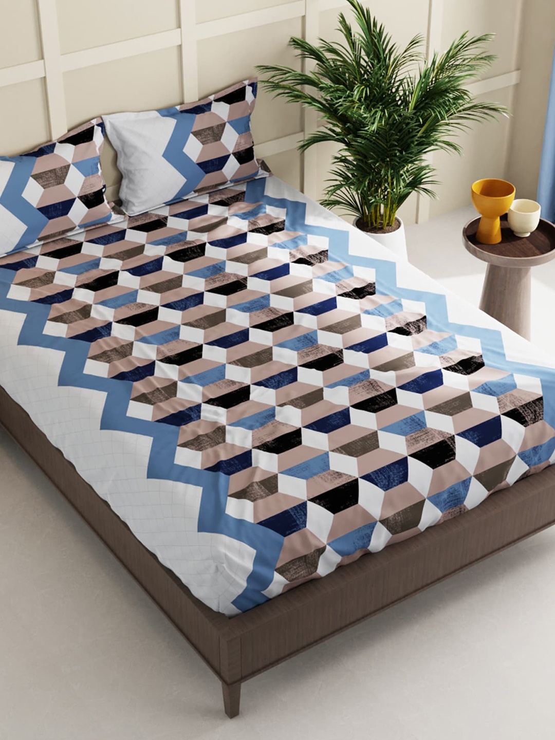 

KOPA Geometric 152 TC Queen Bedsheet with 2 Pillow Covers, Brown