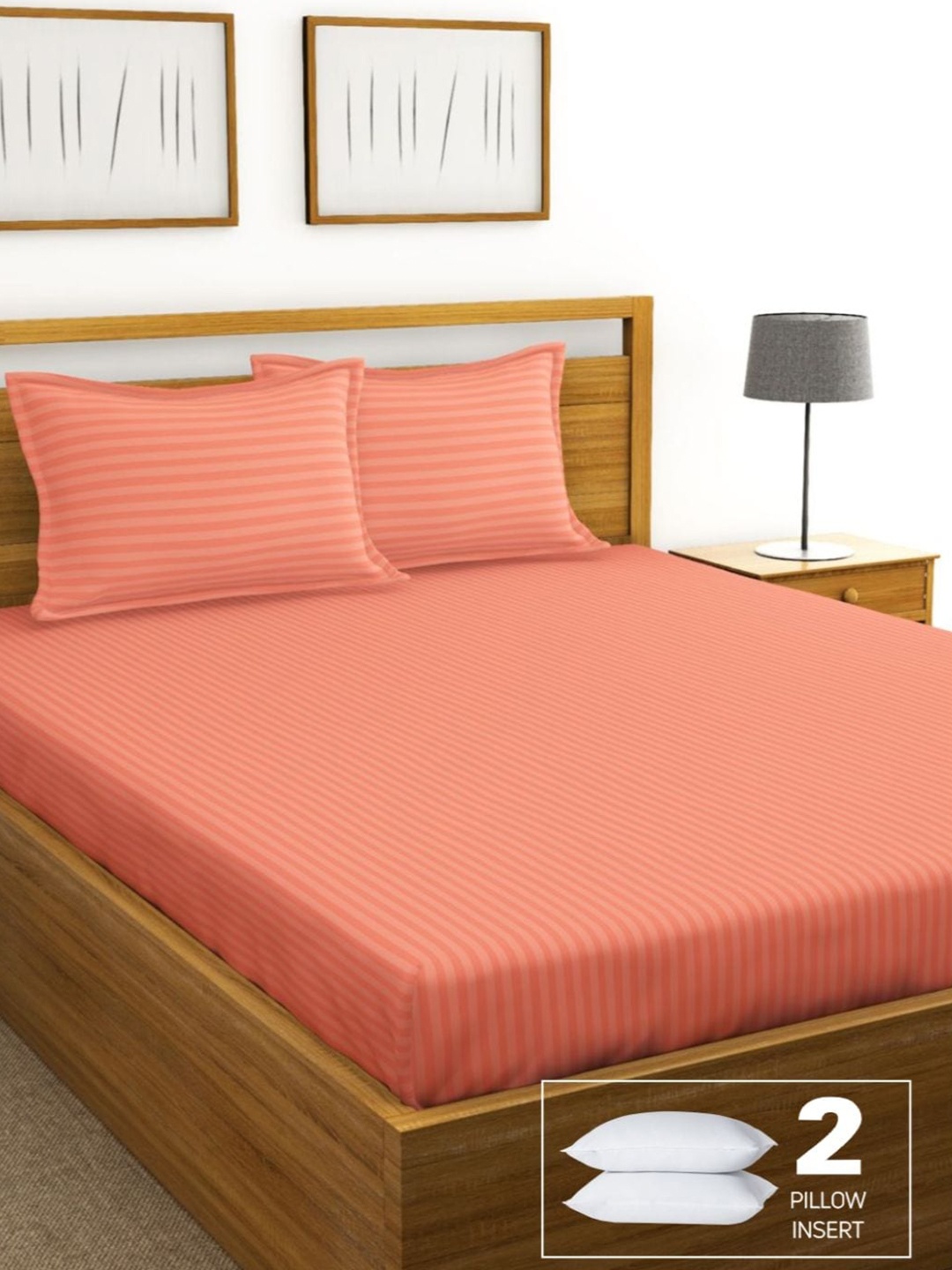

BIANCA Striped 210 TC Cotton King Bedsheet with 2 Pillow Covers, Peach