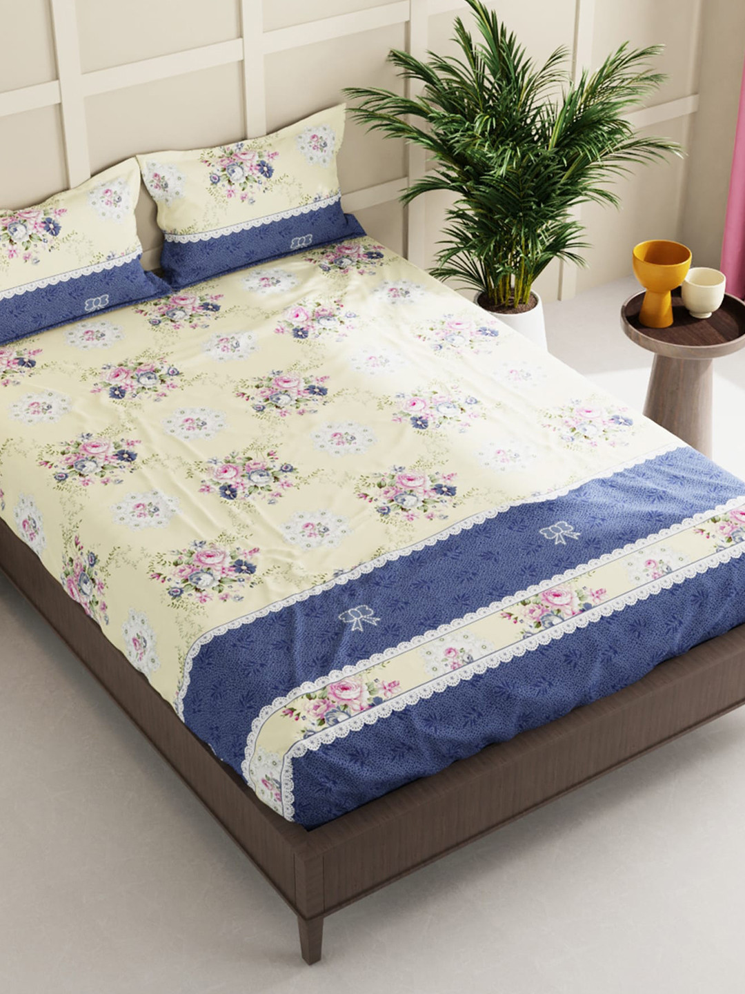 

BIANCA Floral 152 TC Queen Bedsheet with 2 Pillow Covers, Cream