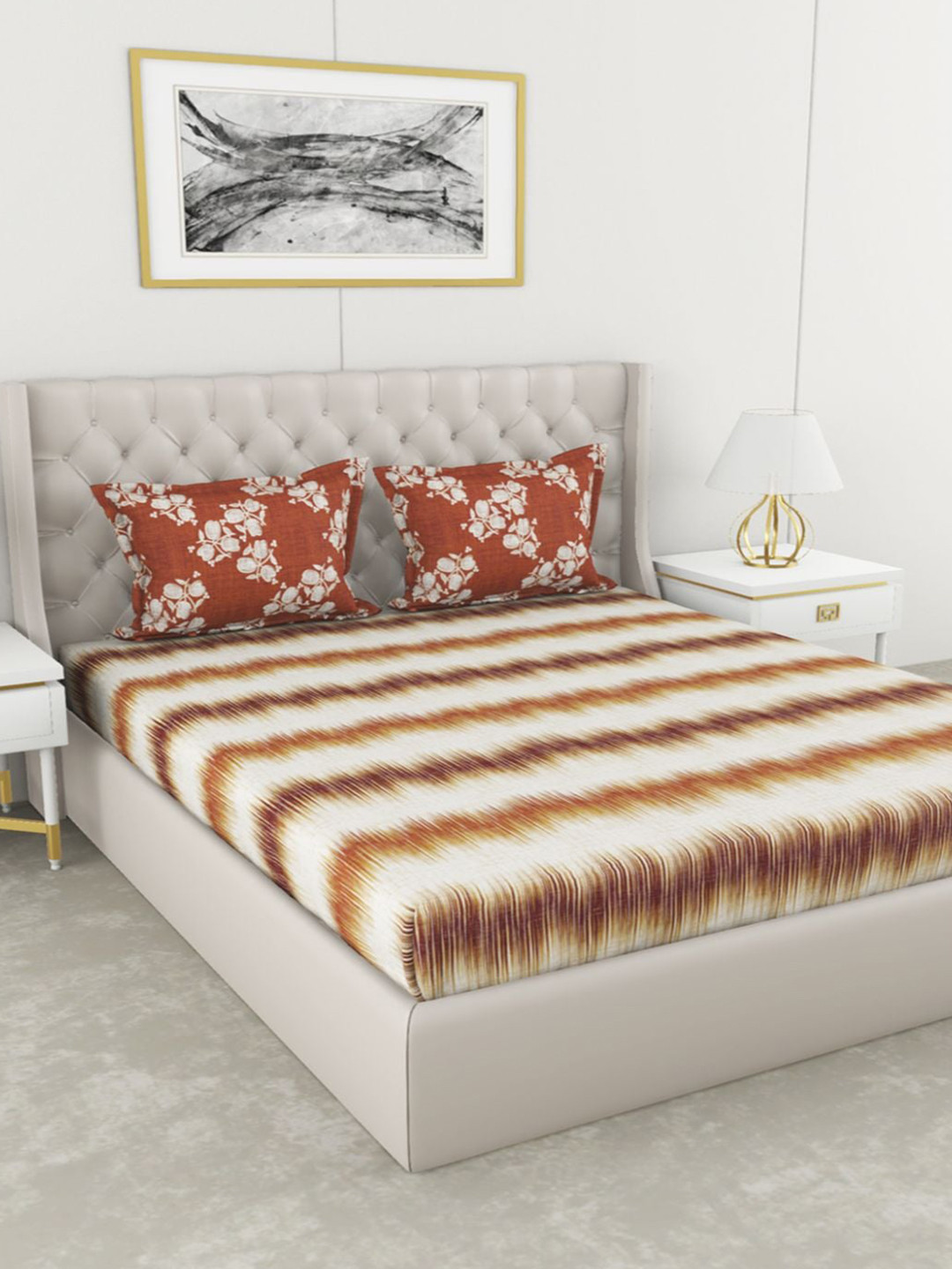 

BIANCA Geometric 210 TC Cotton King Bedsheet with 2 Pillow Covers, Brown