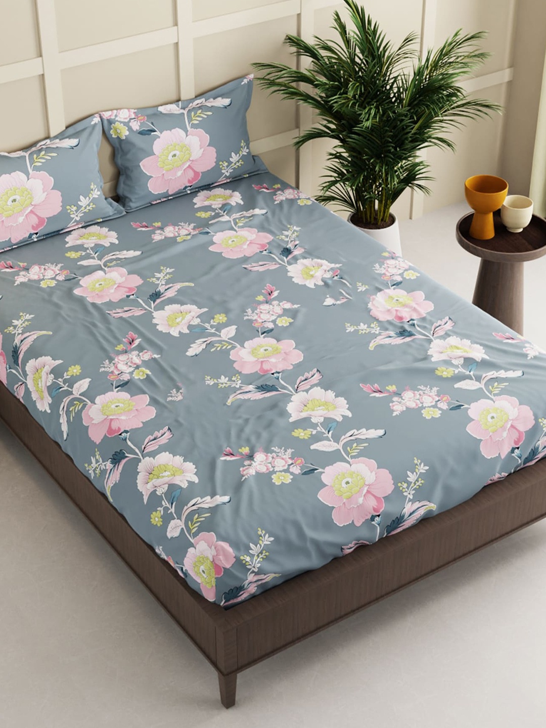 

BIANCA Floral 152 TC Queen Bedsheet with 2 Pillow Covers, Grey