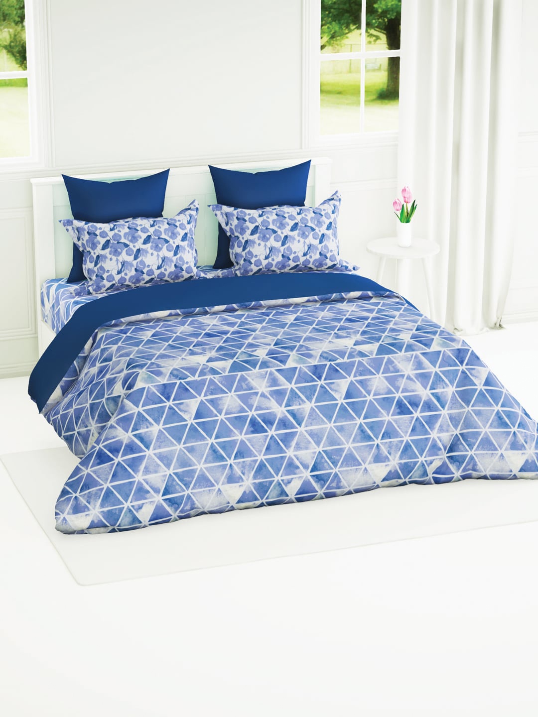 

BIANCA Geometric 144 TC Cotton Single Bedsheet with 1 Pillow Covers, Blue