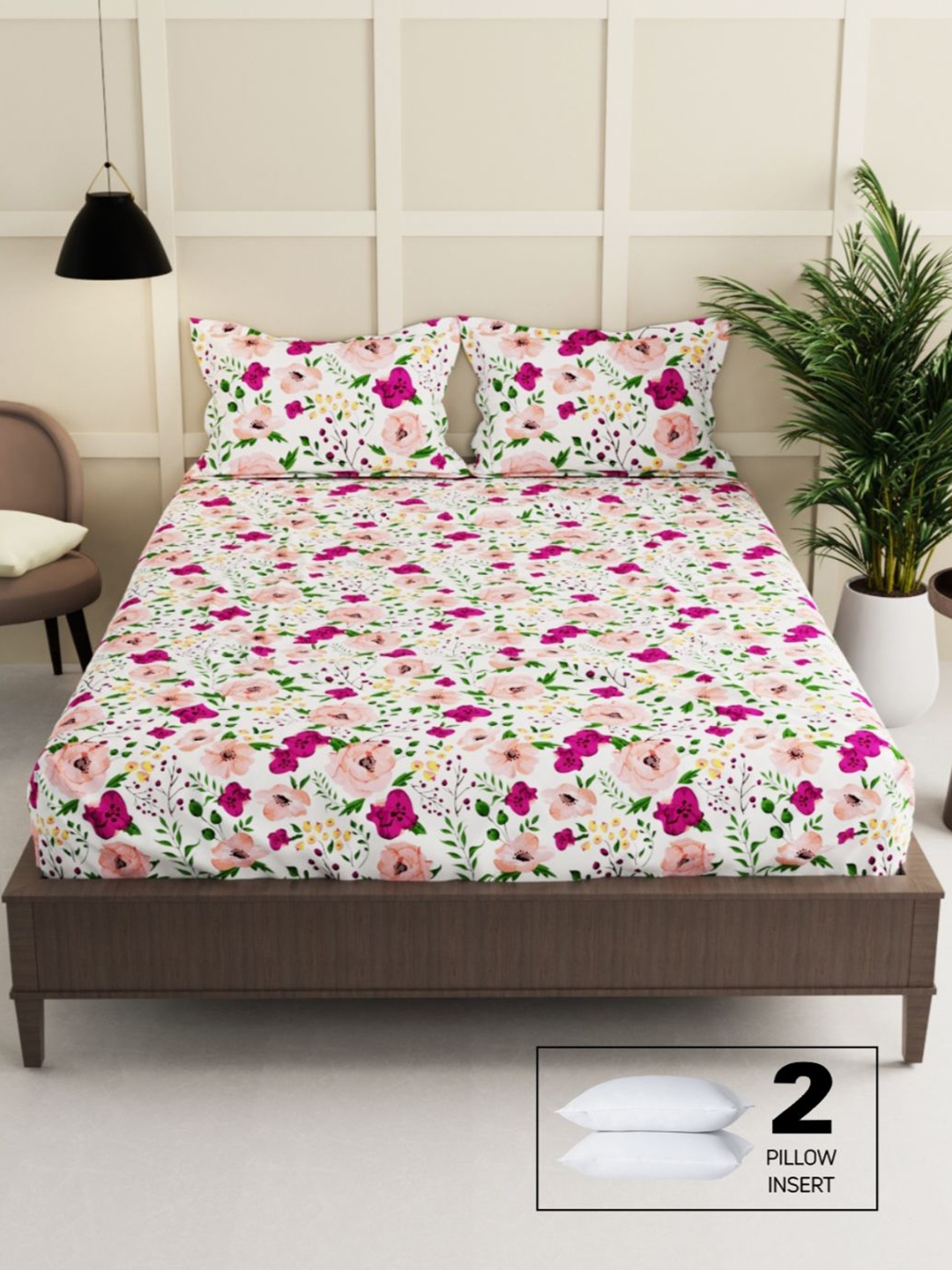 

BIANCA Floral 152 TC Queen Bedsheet with 2 Pillow Covers, White