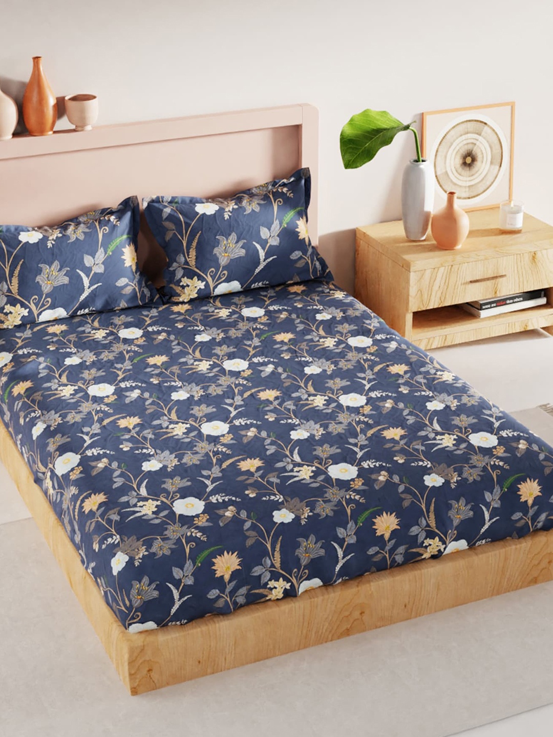 

BIANCA Floral 200 TC King Bedsheet with 2 Pillow Covers, Blue