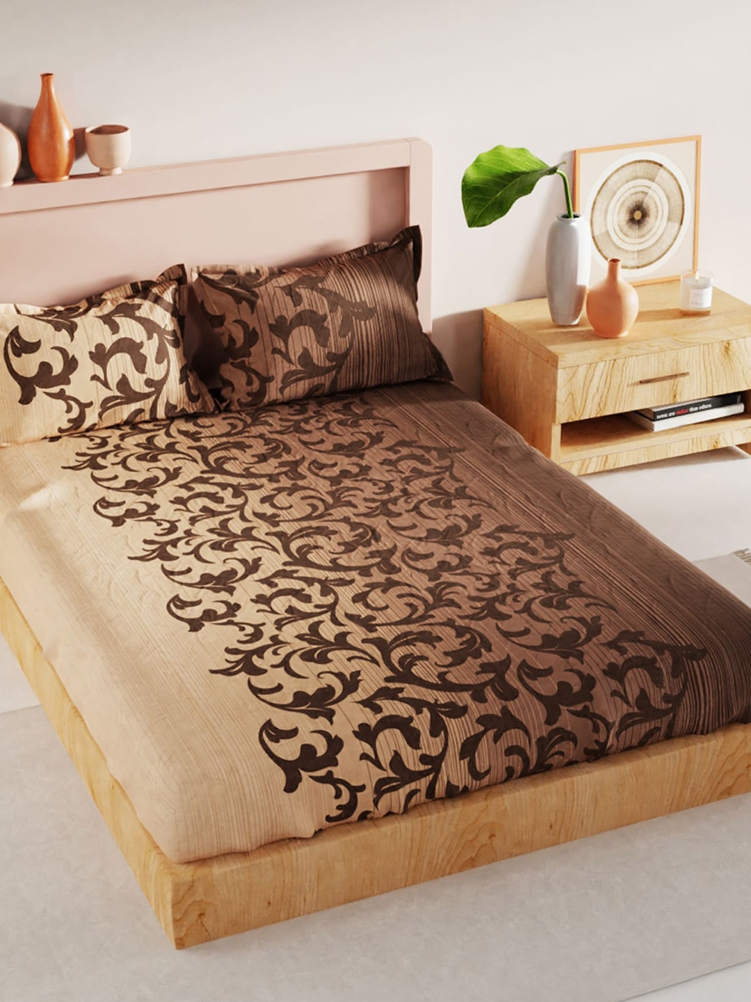 

BIANCA Floral 200 TC King Bedsheet with 2 Pillow Covers, Brown