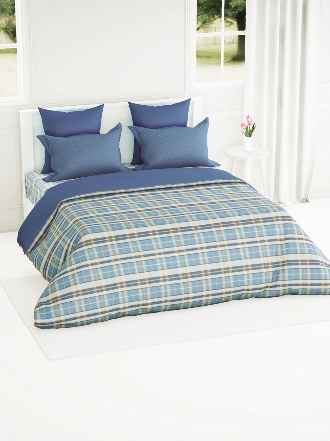 

BIANCA Geometric 144 TC Cotton Single Bedsheet with 1 Pillow Cover, Blue