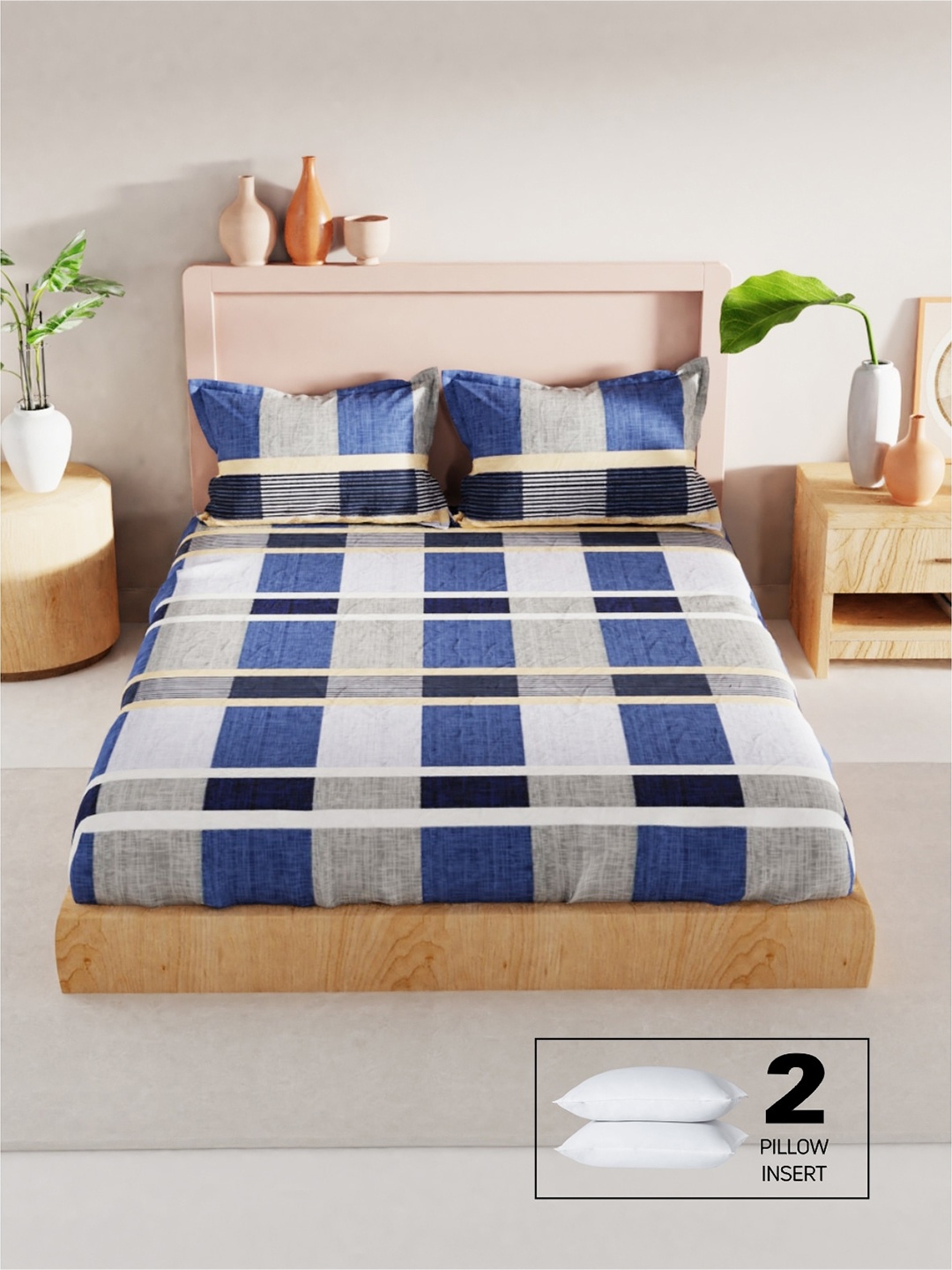 

BIANCA Geometric 200 TC King Bedsheet with 2 Pillow Covers, Blue