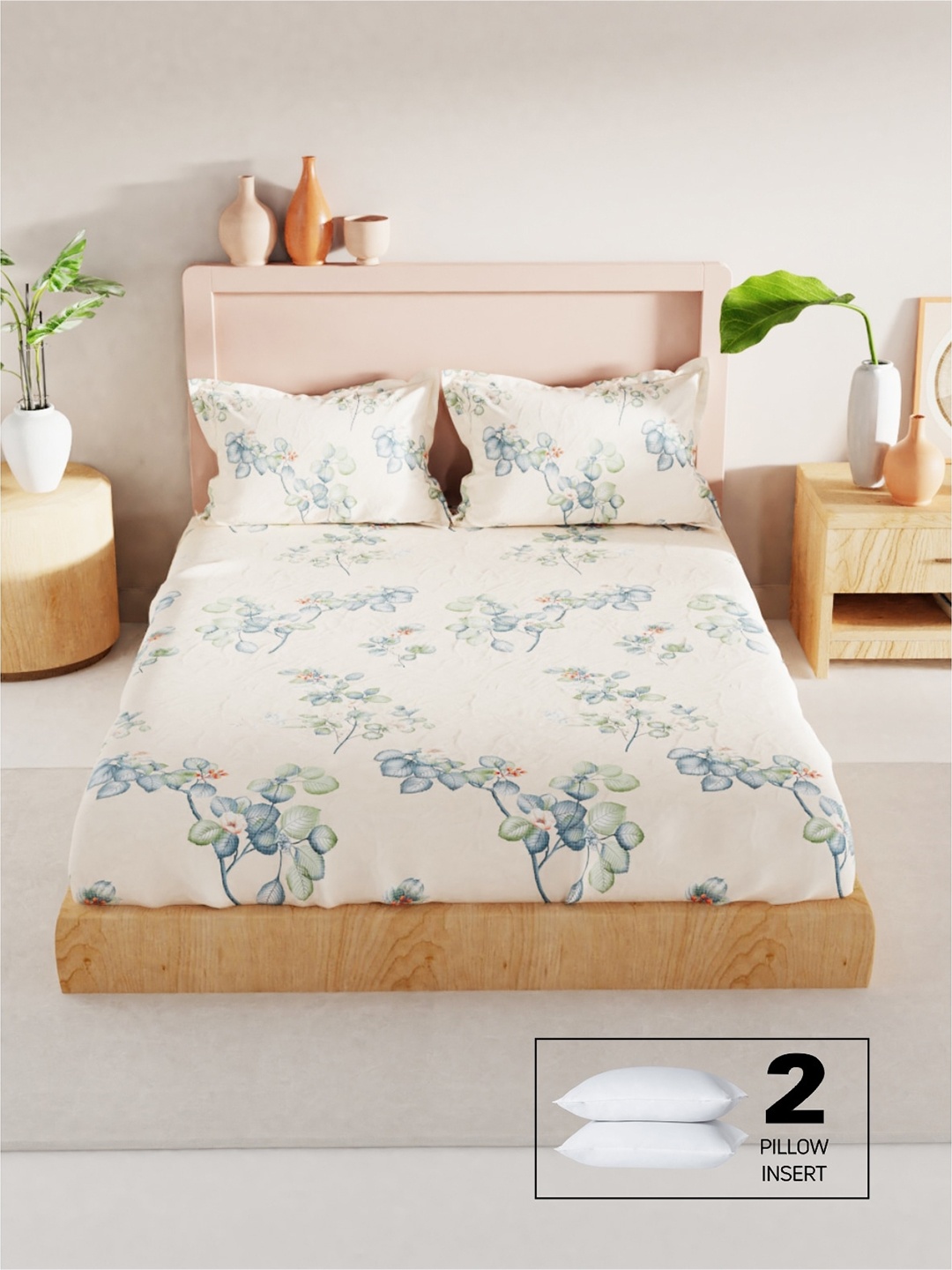 

BIANCA Floral 200 TC King Bedsheet with 2 Pillow Covers, Off white