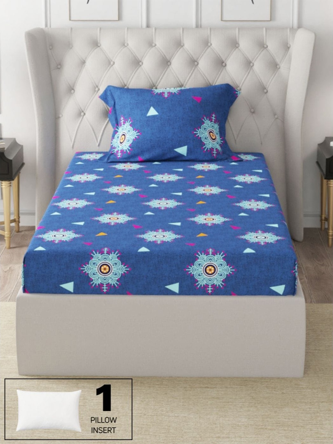 

KOPA Geometric 200 TC Single Bedsheet with 1 Pillow Covers, Blue