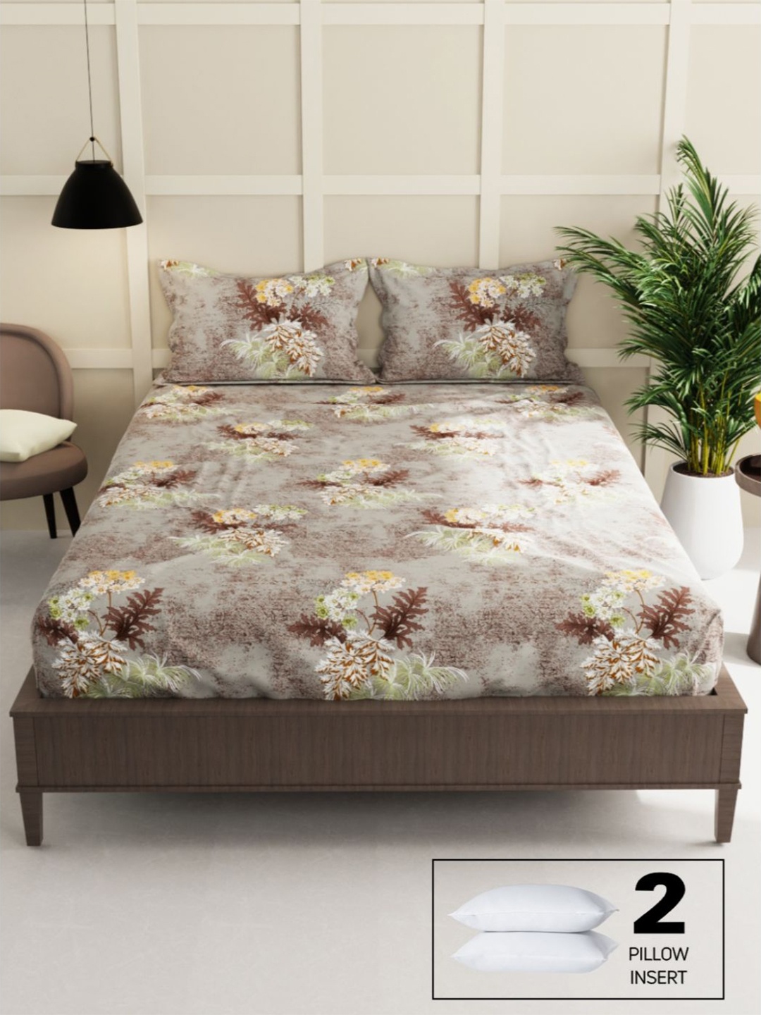 

BIANCA Floral 152 TC Queen Bedsheet with 2 Pillow Covers, Khaki