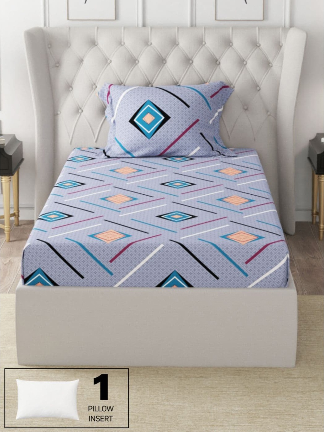 

KOPA Geometric 200 TC Single Bedsheet with 1 Pillow Covers, Blue