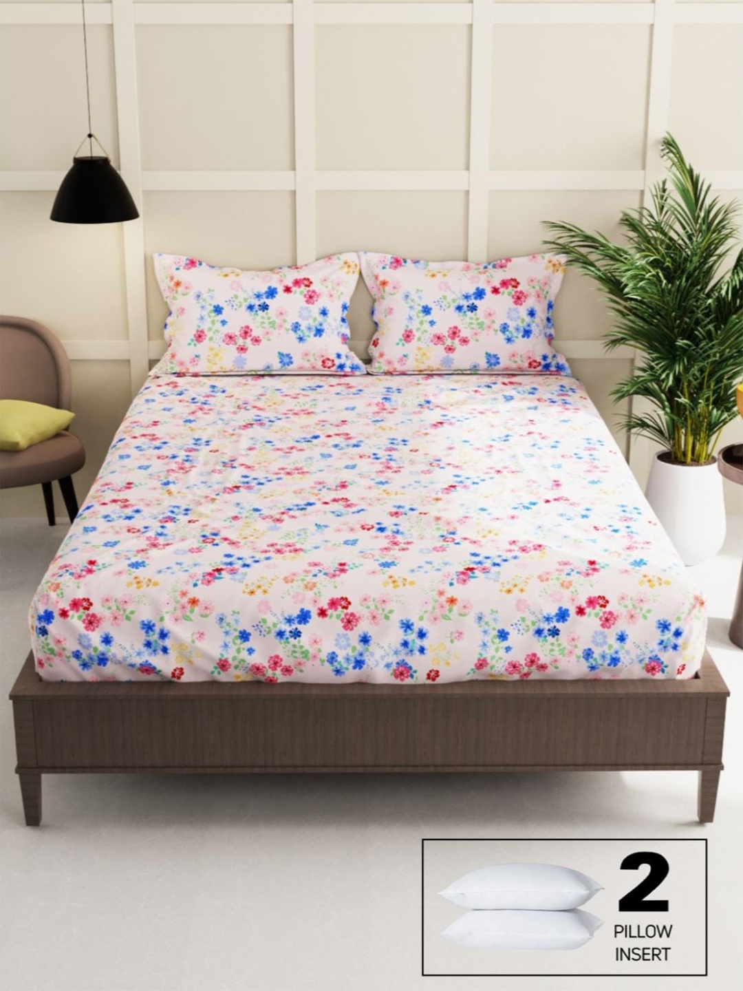 

BIANCA Floral 152 TC Queen Bedsheet with 2 Pillow Covers, Off white