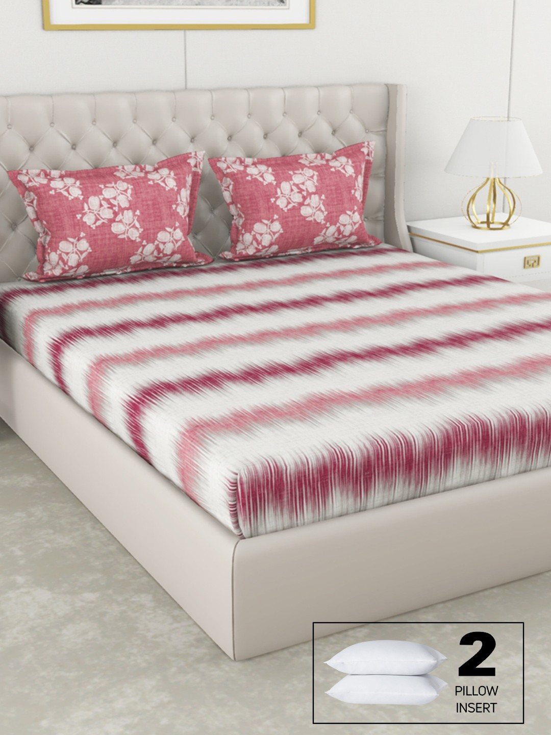 

BIANCA Floral 210 TC Cotton King Bedsheet with 2 Pillow Covers, Pink