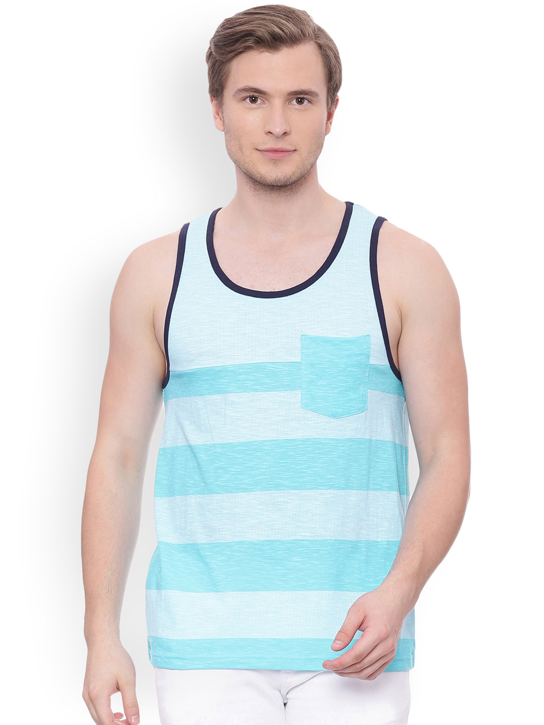 

ARISE Men Blue Striped Sleeveless Pure Cotton T-shirt