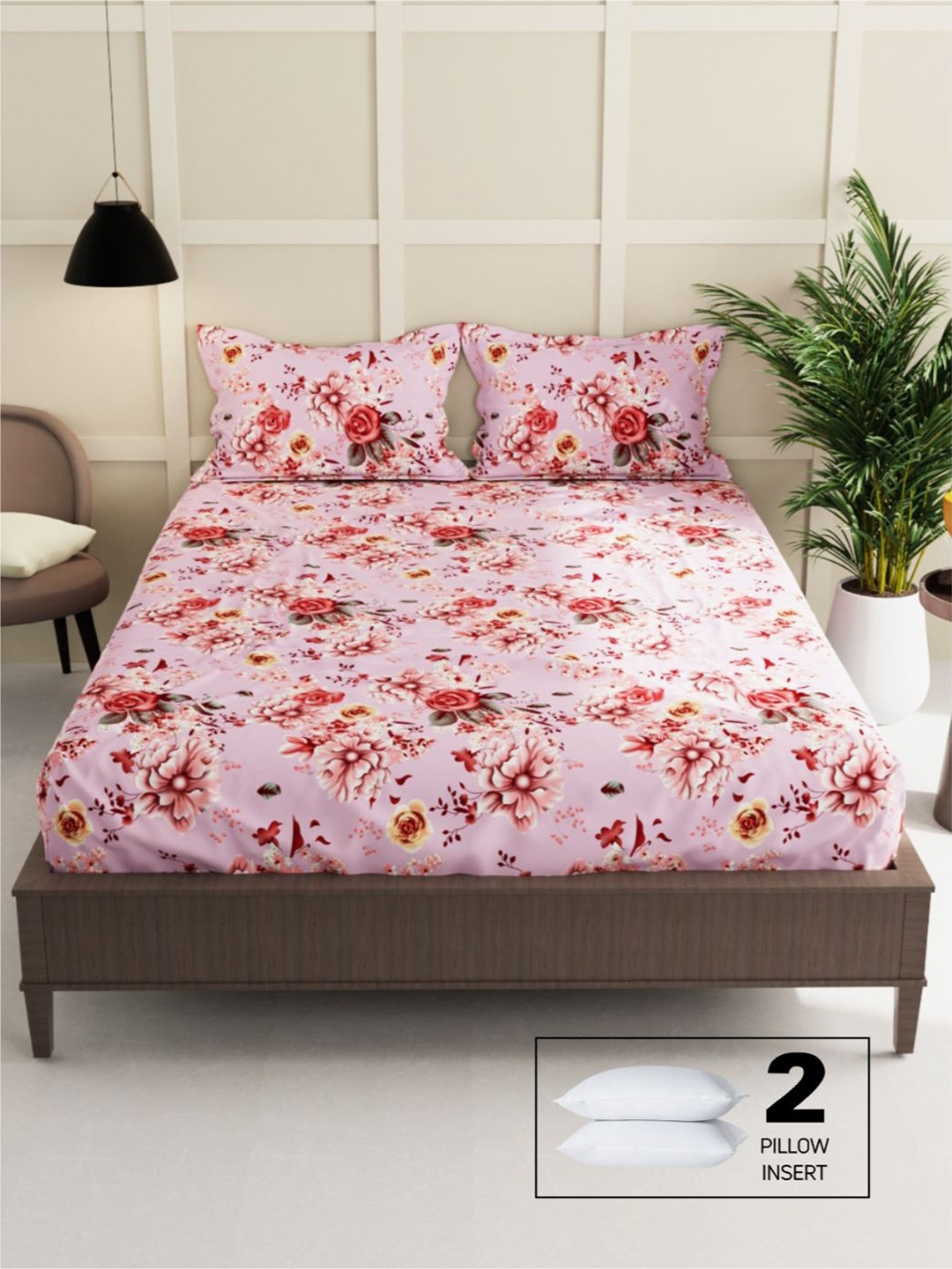 

KOPA Pink & Green Floral 152 TC Queen Cotton Bedsheet with 2 Pillow Covers & 2 Pillows